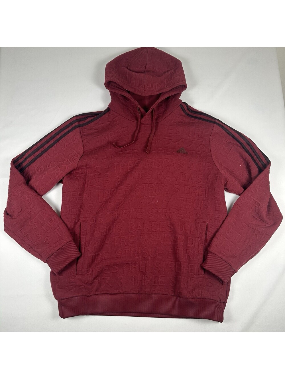 Adidas Hoodie Sweatshirt Mens XL Red Maroon 3 Stripe Embossed Pockets Pullover